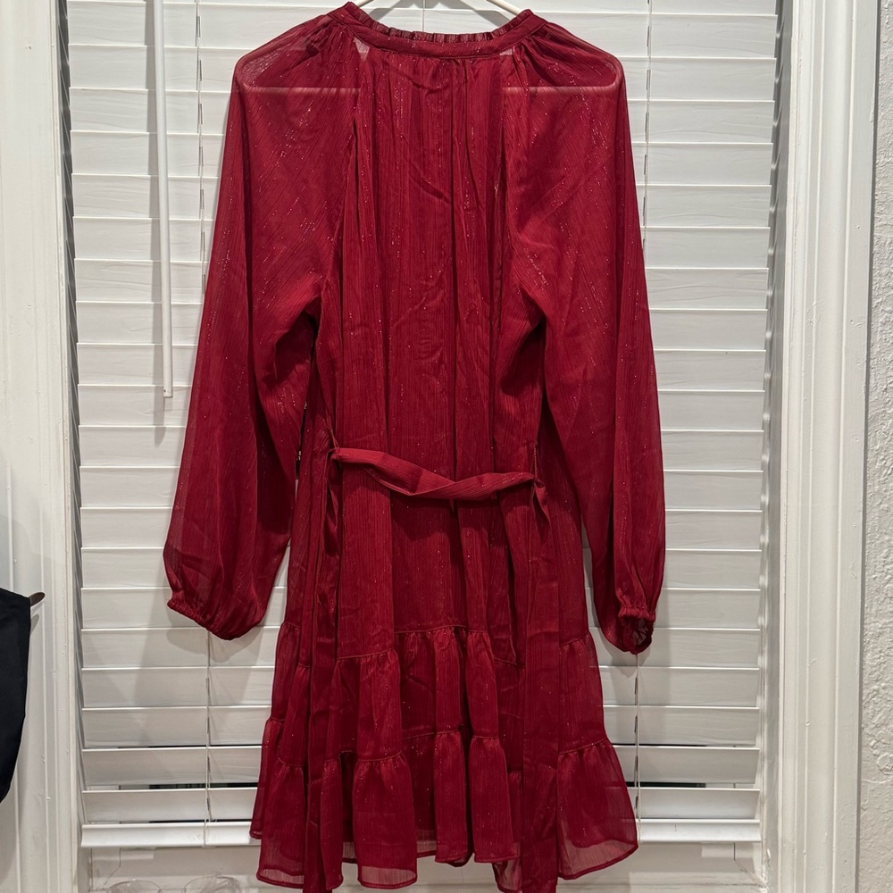 NEW Sz Large Simply Vera Deep Red Long Sleeve Dress Sheer Tiered Bow Feminine - Picture 9 of 12